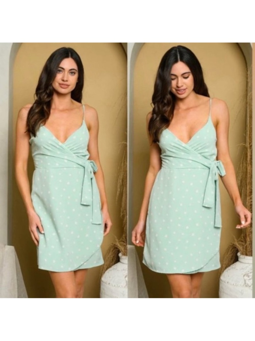 Peach Love California | Sleeveless V Neck Mini Dress Mint Green Polka Dot Small